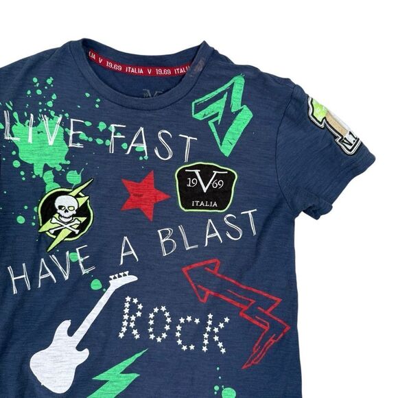 Versace 1969 Italia Kids Blue Live Fast Have A Blast Graphic Tee T-shirt - Picture 6 of 7